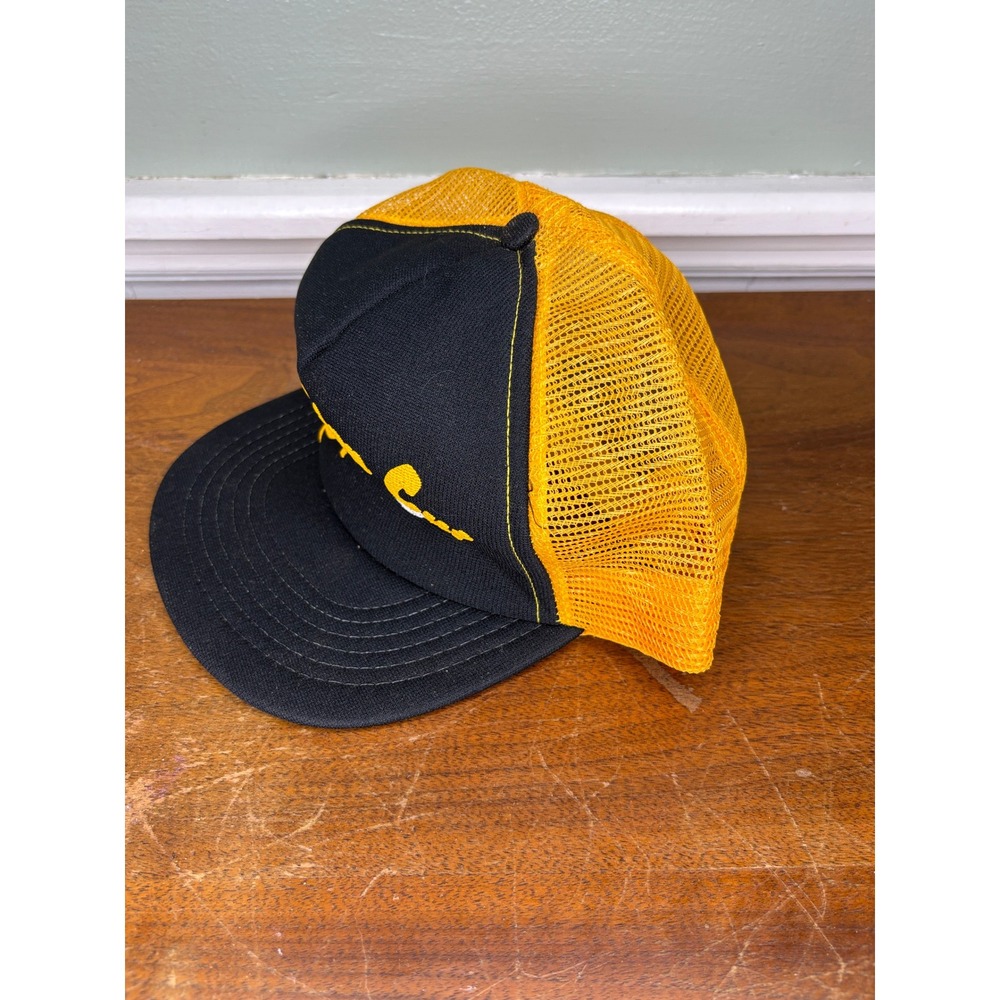 Vintage Cushion Cut Trucker Hat Mens Yellow Black Mesh Snapback Made in USA 80s - Picture 2 of 7